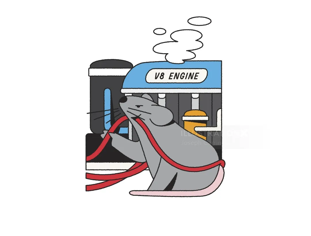 Joseph Carrington Illustration einer Maus neben einem rauchenden V8-Motor.