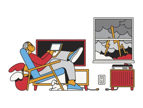 Joseph Carrington illustration of a person relaxing indoors during a thunderstorm