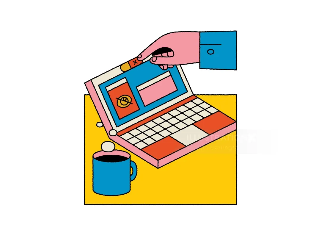 Farbenfrohe Retro-Schreibtischszene mit einer blauen Tasse und einem rosa Telefon, von Joseph Carrington.