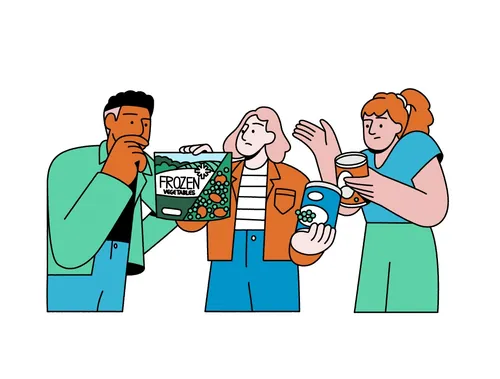 Joseph Carrington illustration of three people presenting frozen food products