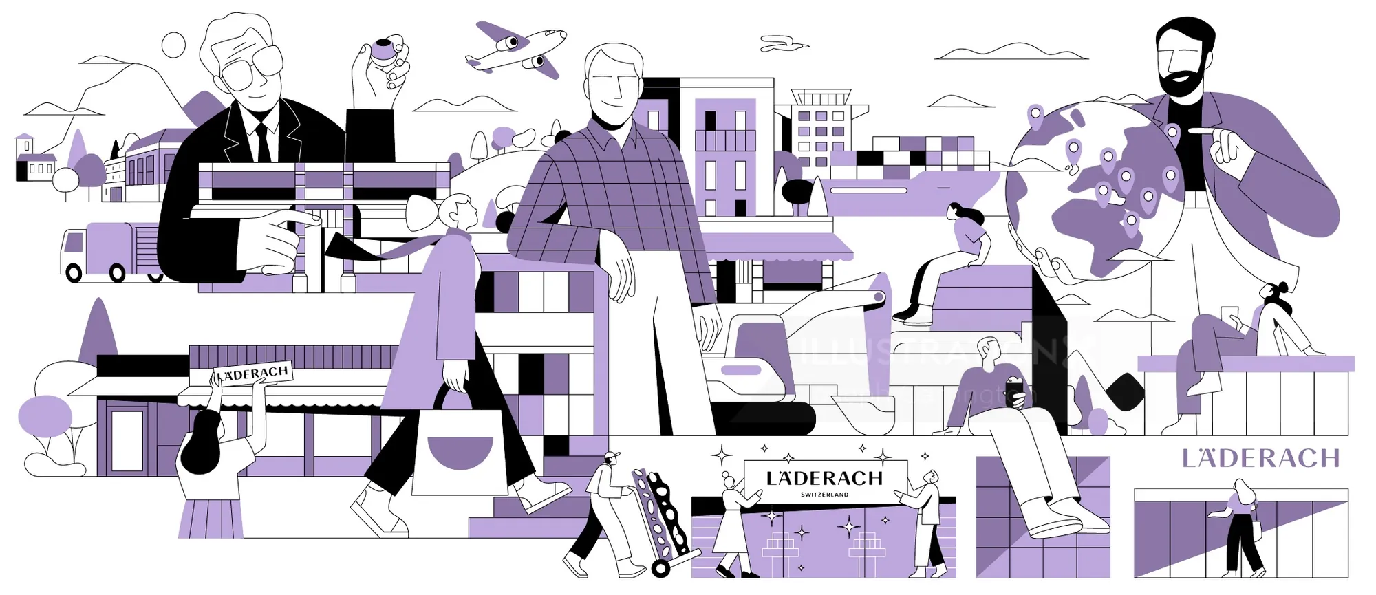 Joseph Carrington Illustration von Fachleuten inmitten violetter Stadtgebäude und städtischer Details