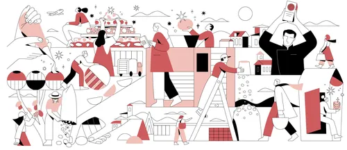 Red, black, and white abstract social scene by Joseph Carrington