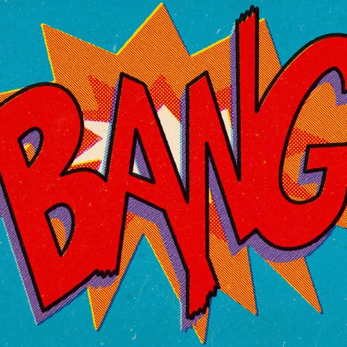 Comic style explosion with the word BANG in red and orange by Joseph McDermott
