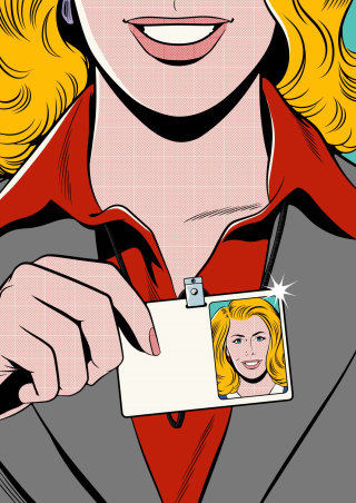 femme souriante, tenue, carte d&#39;identité