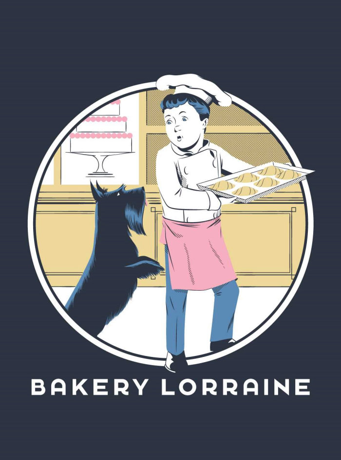 Art of chef and dog in bakery