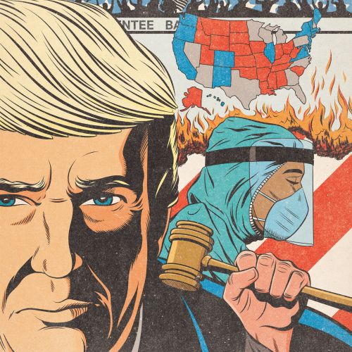 2020 US Election illustration featuring Donald Trump, burning map, and judge