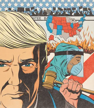 2020 US Election illustration featuring Donald Trump, burning map, and judge
