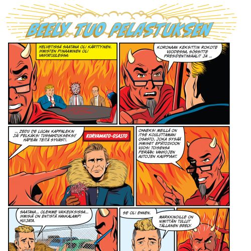 Comic strip showing a man and a red devil discussing with fiery background by Joseph McDermott
