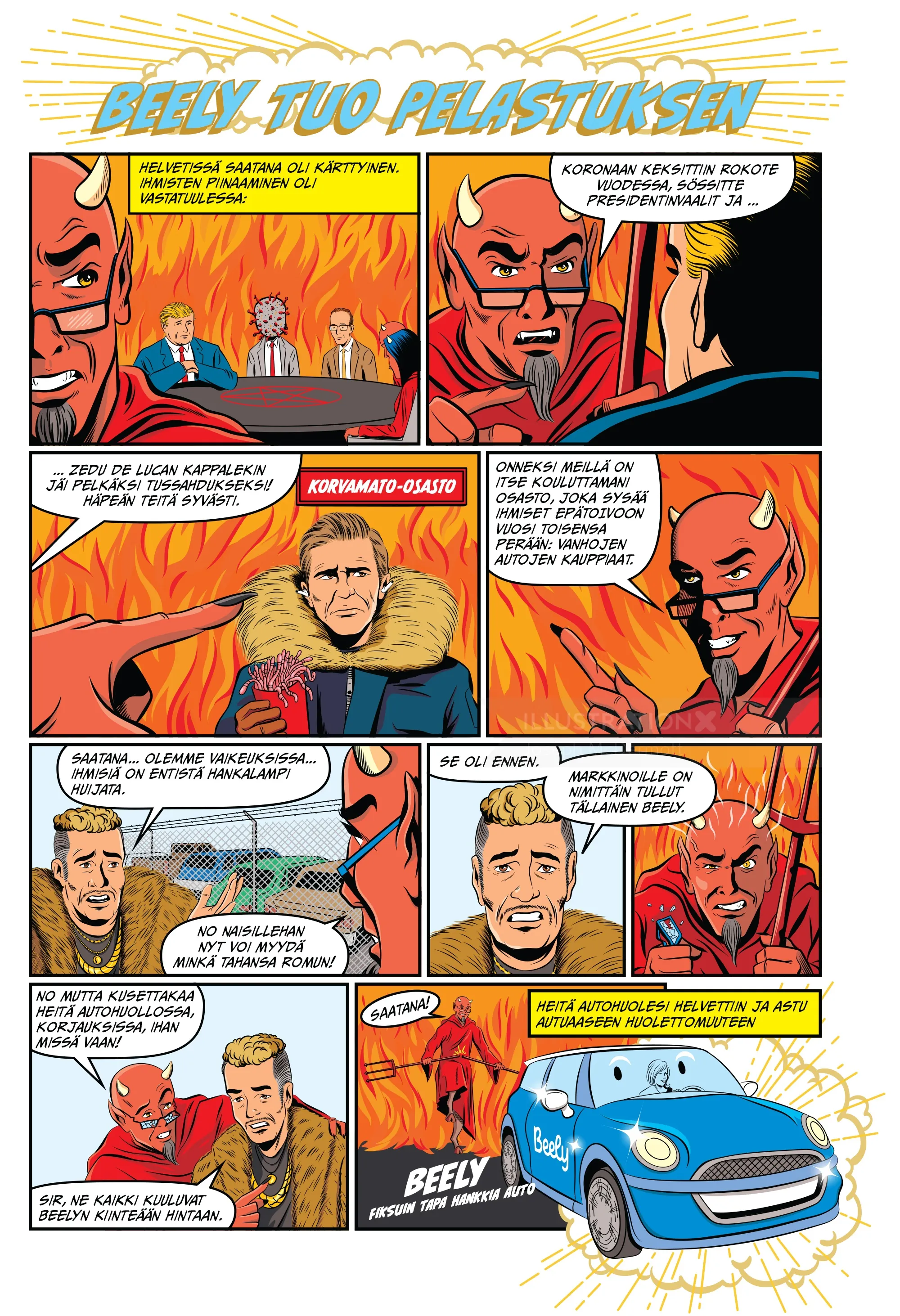 Comic strip showing a man and a red devil discussing with fiery background by Joseph McDermott