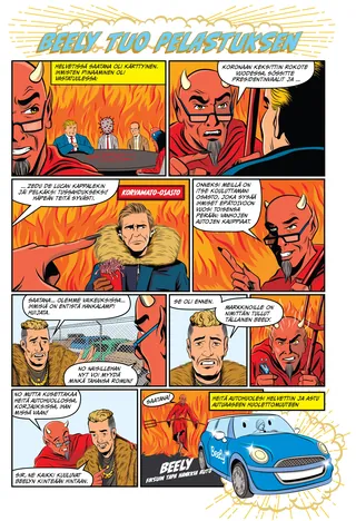 Comic strip showing a man and a red devil discussing with fiery background by Joseph McDermott