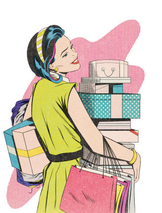 Ilustração editorial de mulher fazendo compras para a revista Cincinnati
