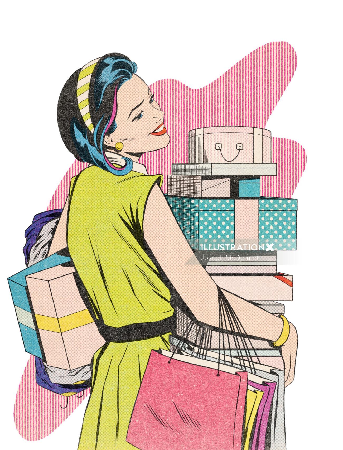 Shopping woman editorial illustration for Cincinnati Magazine