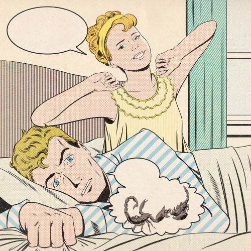 Man in bed startled by woman stretching with speech bubbles by Joseph McDermott