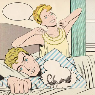 Man in bed startled by woman stretching with speech bubbles by Joseph McDermott