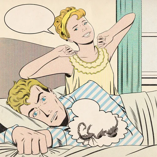 Man in bed startled by woman stretching with speech bubbles by Joseph McDermott