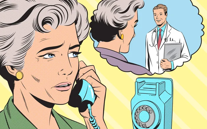 Woman on phone imagining a doctor, illustration by Joseph McDermott