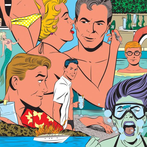 Album cover with people at pool party and underwater, pop art style by Joseph McDermott