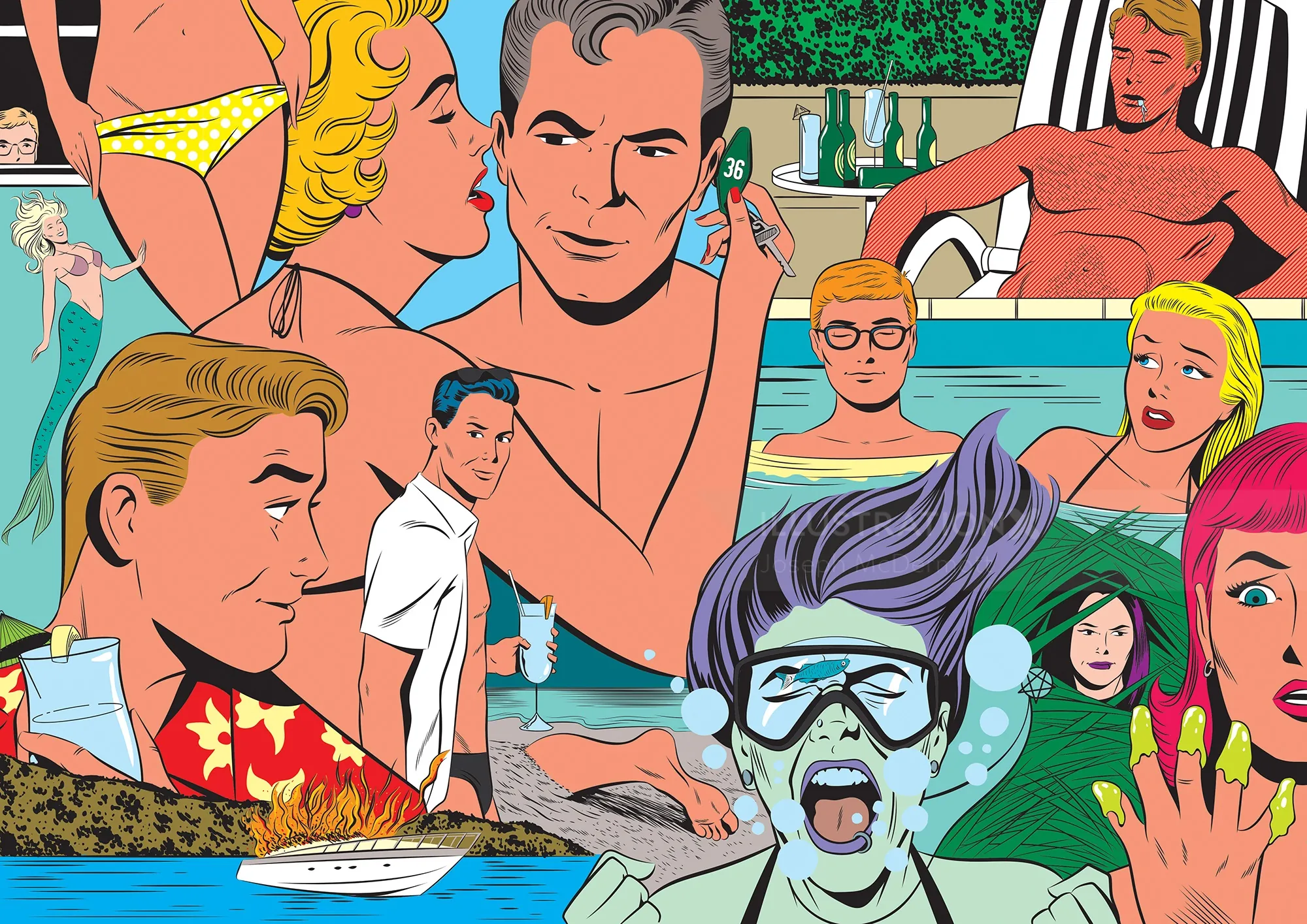 Album cover with people at pool party and underwater, pop art style by Joseph McDermott