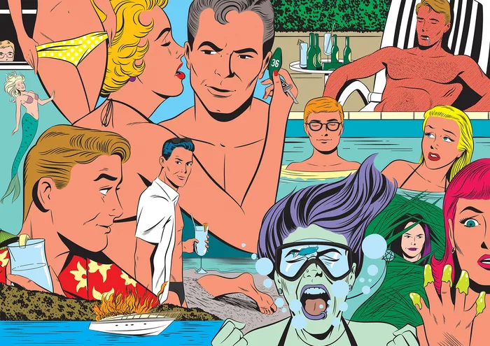 Album cover with people at pool party and underwater, pop art style by Joseph McDermott
