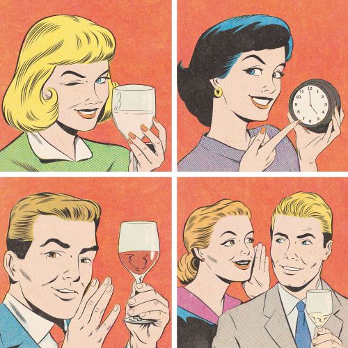 Retro illustrations of people with wine and clock by Joseph McDermott