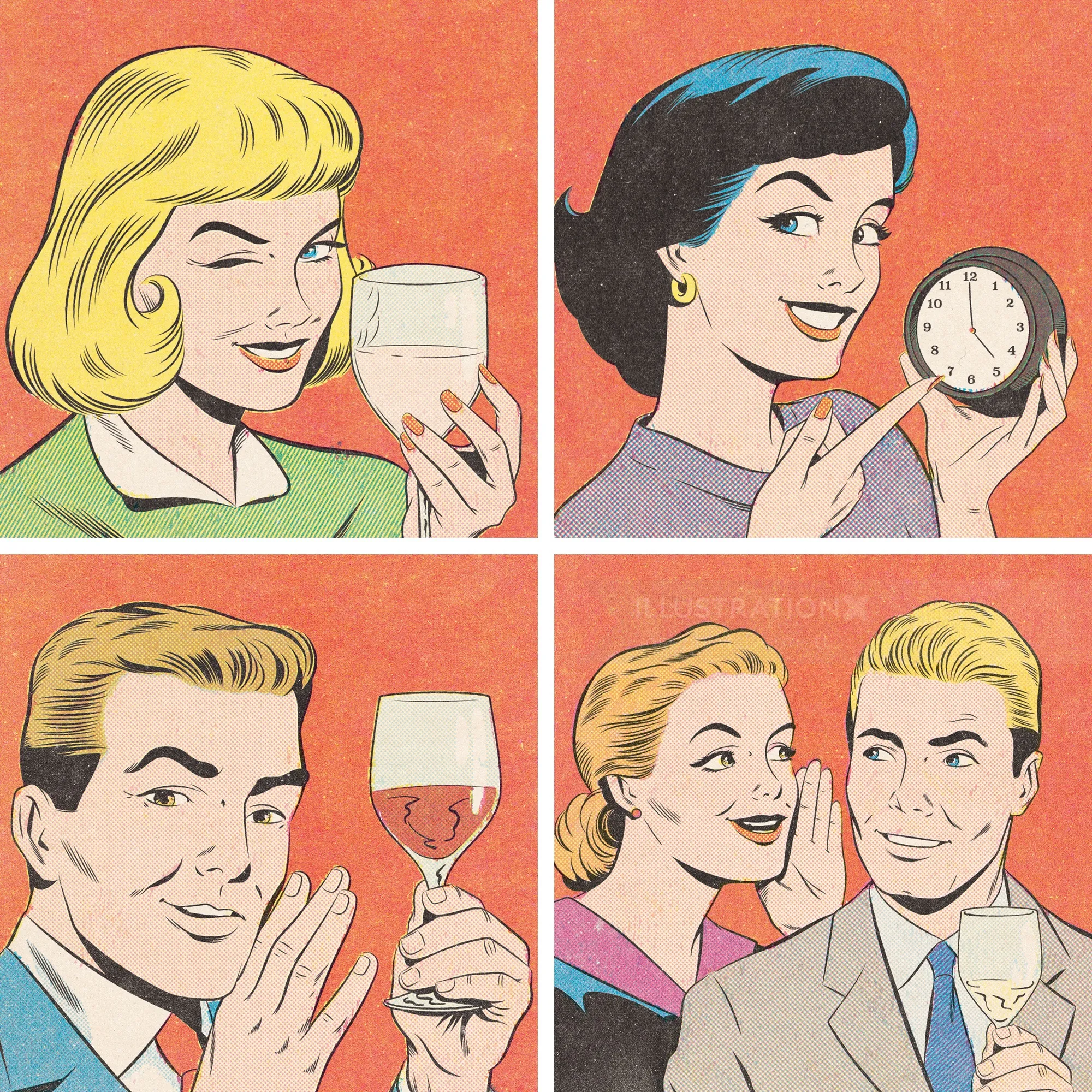 Ilustraciones retro de personas con vino y reloj por Joseph McDermott
