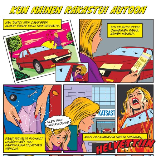 Comic strip of woman enamored with a car, by Joseph McDermott