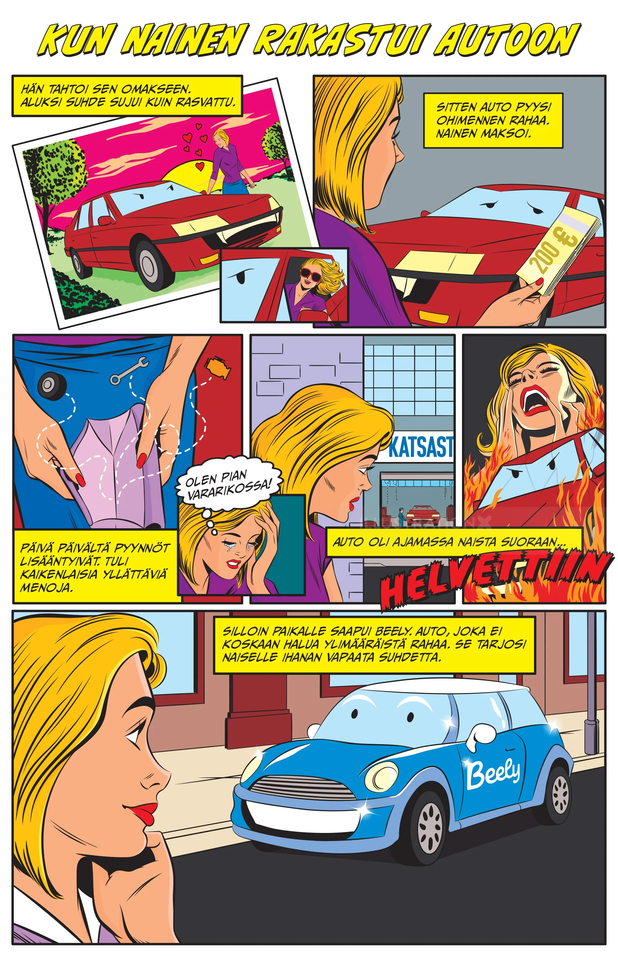 Comic strip of woman enamored with a car, by Joseph McDermott