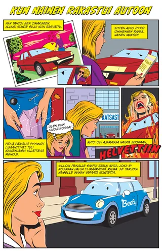 Comic strip of woman enamored with a car, by Joseph McDermott