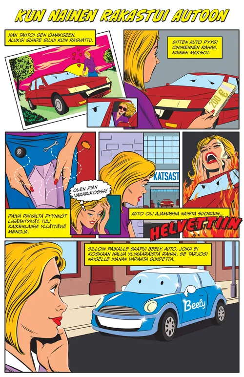 Comic strip of woman enamored with a car, by Joseph McDermott