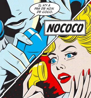 Pop art style woman with yellow hair reacting to blue drink bottle by Joseph McDermott