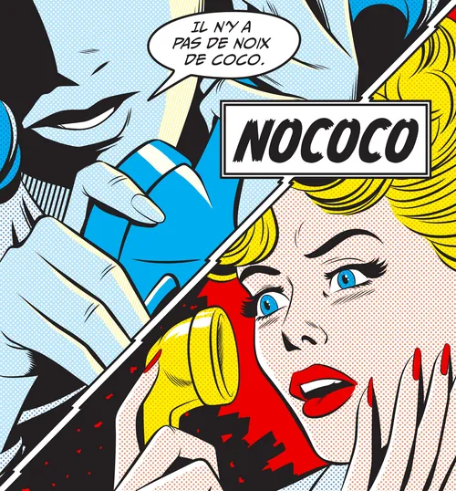 Pop art style woman with yellow hair reacting to blue drink bottle by Joseph McDermott