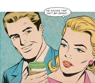 Pop art style couple discussing coffee brand with speech bubble by Joseph McDermott