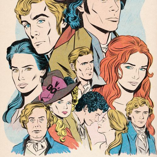 Poldark-Charaktere, illustriert von Joseph McDermott, in zeitgenössischer Kleidung und verschiedenen Posen