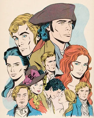 Poldark characters illustrated by Joseph McDermott in period attire and diverse poses