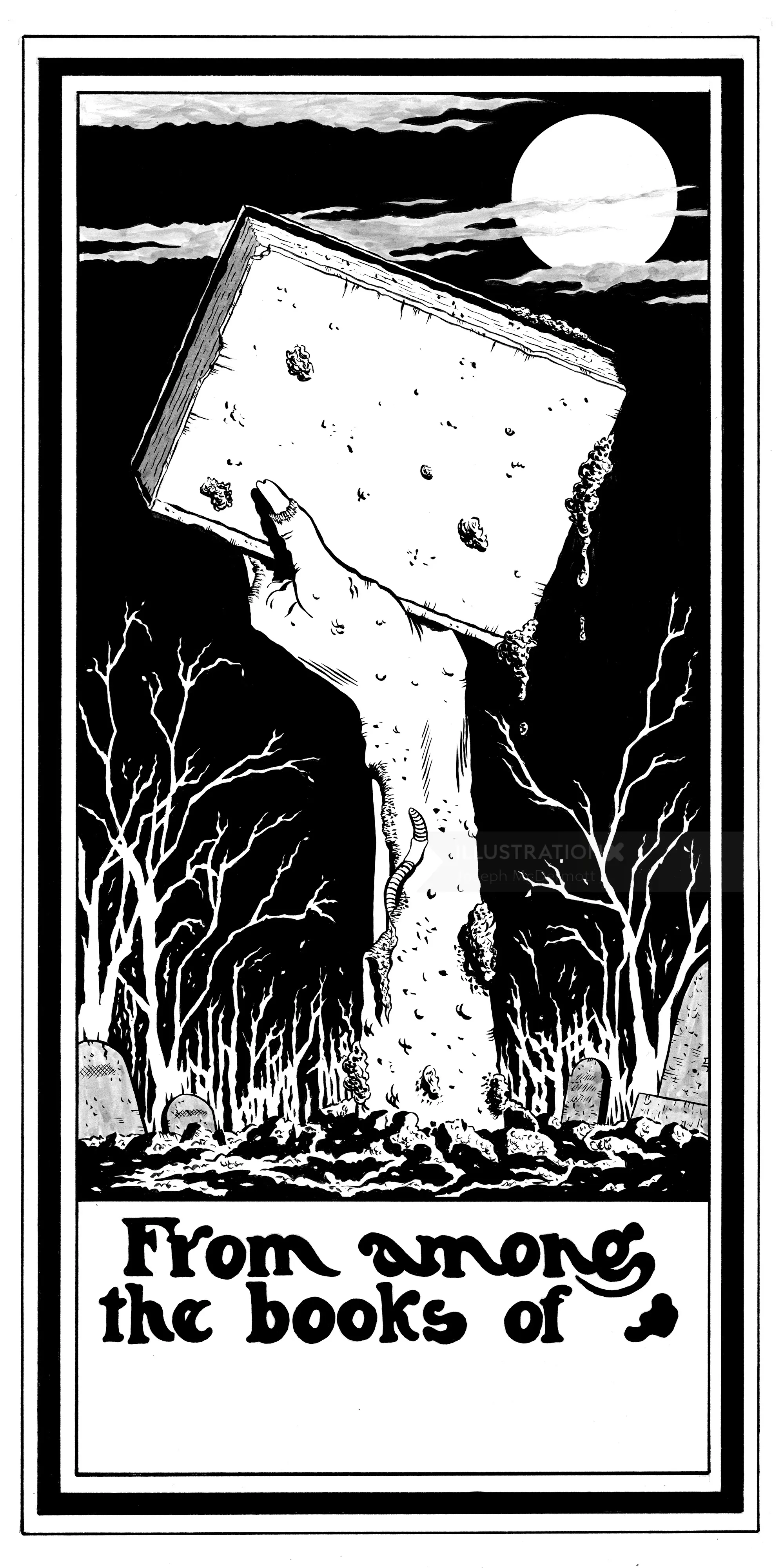 Zombie hand holding a book rising from ground at night by Joseph McDermott