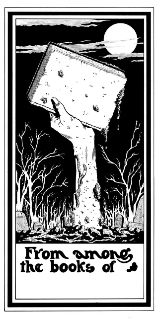 Zombie hand holding a book rising from ground at night by Joseph McDermott