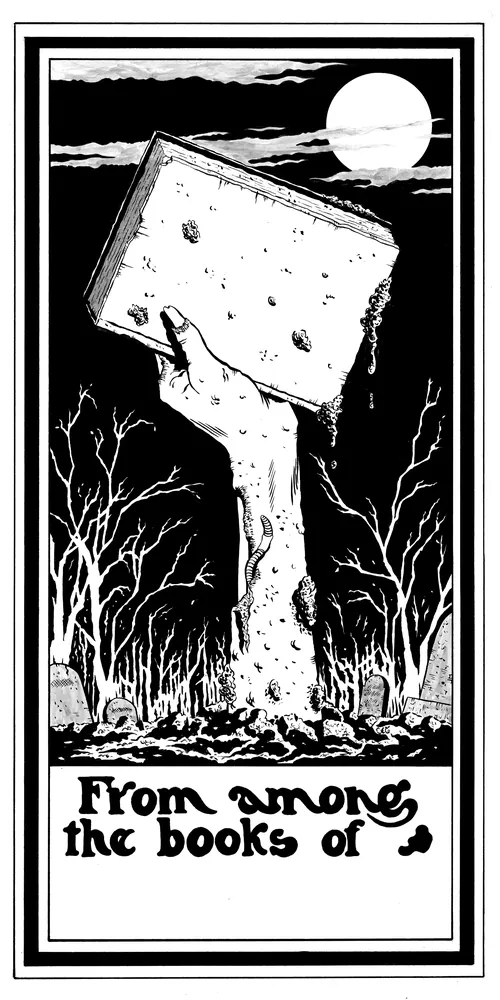 Zombie hand holding a book rising from ground at night by Joseph McDermott