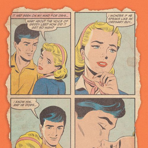 Classic comic panels showing a romantic conversation and kiss, by Joseph McDermott