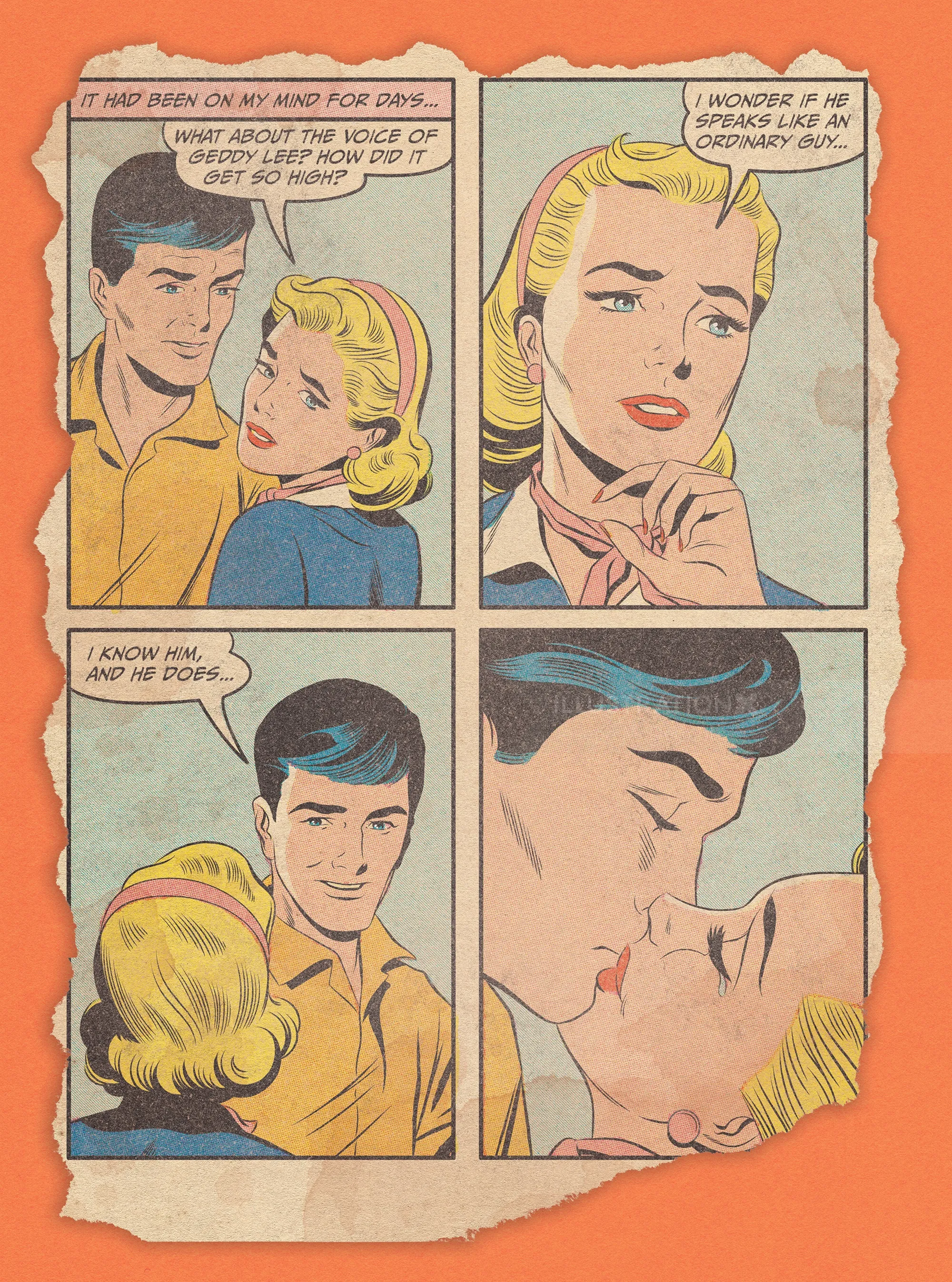 Classic comic panels showing a romantic conversation and kiss, by Joseph McDermott