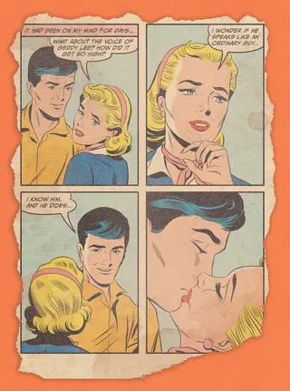 Classic comic panels showing a romantic conversation and kiss, by Joseph McDermott