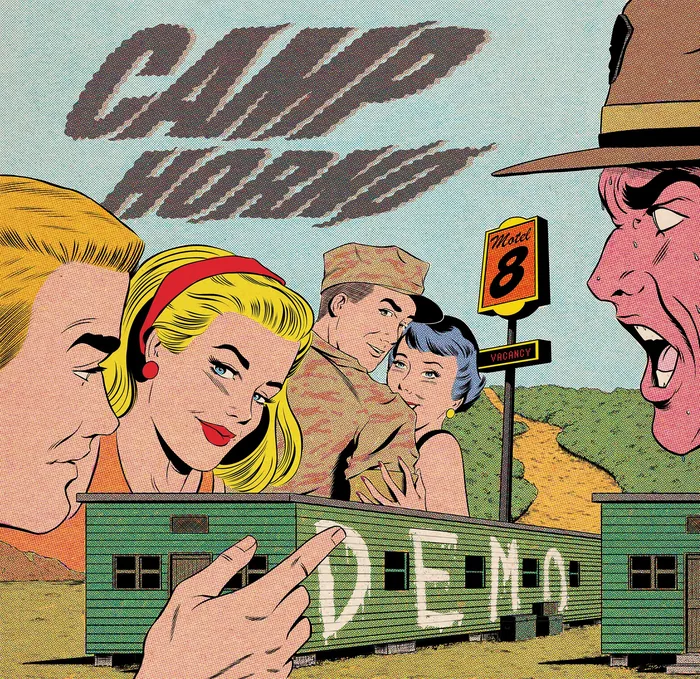 Camp Horno scene with military personnel and a woman inside a trailer by Joseph McDermott