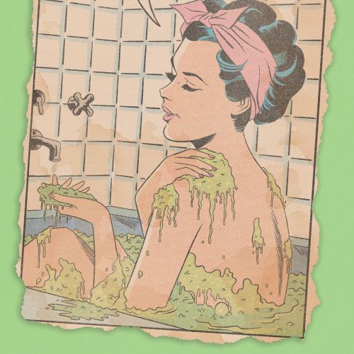 Woman in bathtub using SlayBelline soap, artwork by Joseph McDermott