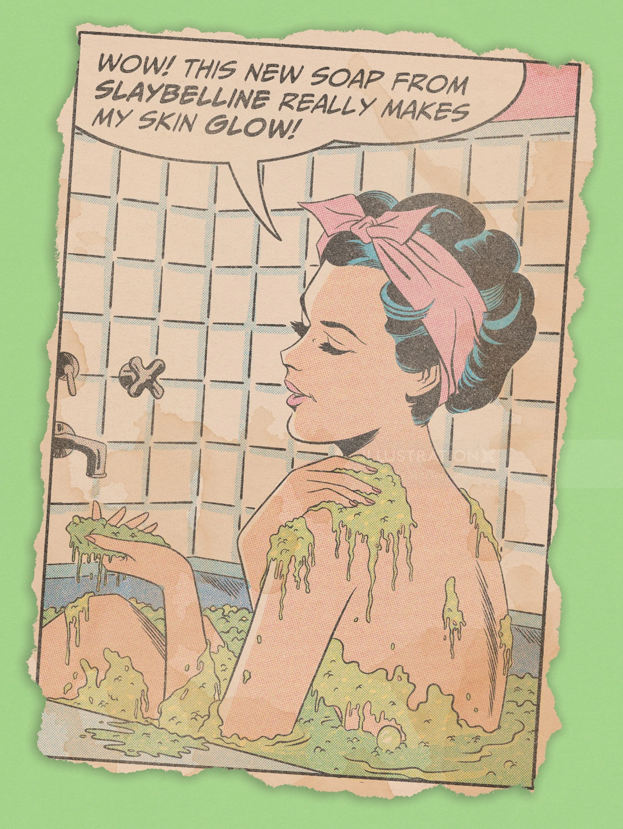 Woman in bathtub using SlayBelline soap, artwork by Joseph McDermott
