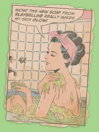 Woman in bathtub using SlayBelline soap, artwork by Joseph McDermott