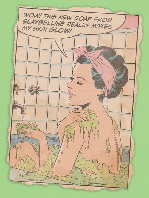 Woman in bathtub using SlayBelline soap, artwork by Joseph McDermott