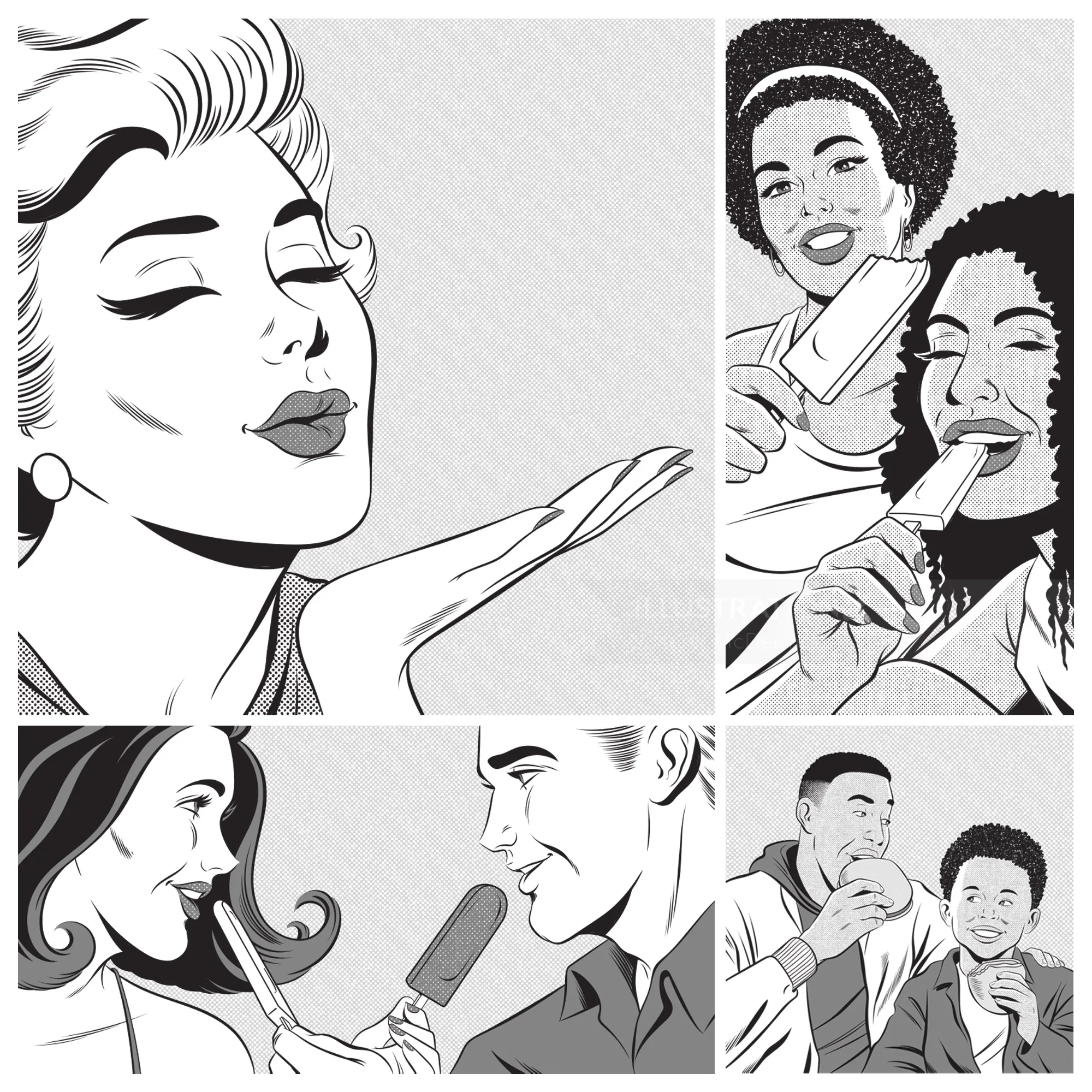 Black and white illustration of diverse people eating ice cream popsicles by Joseph McDermott