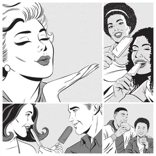 Black and white illustration of diverse people eating ice cream popsicles by Joseph McDermott