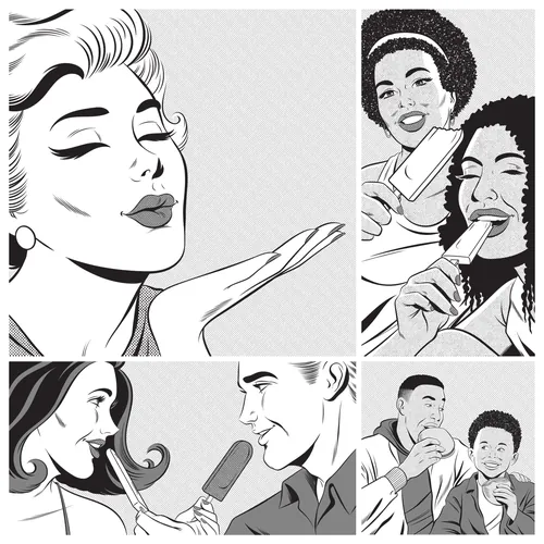 Black and white illustration of diverse people eating ice cream popsicles by Joseph McDermott