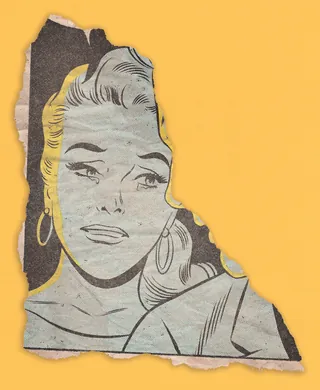 Torn comic book page of a woman with earrings by Joseph McDermott