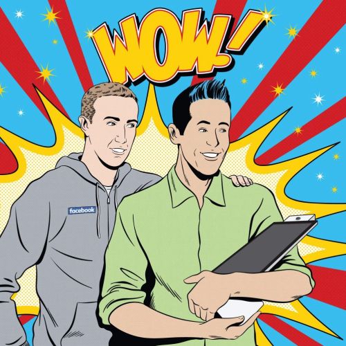 Two men amazed looking at a tablet with comic WOW text background
